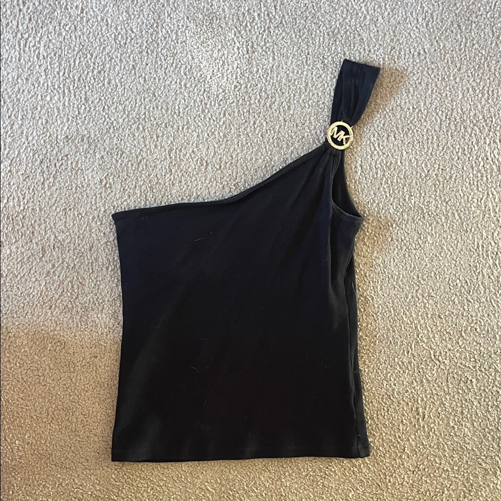 MK Black One-Shoulder Top with Gold Accent
